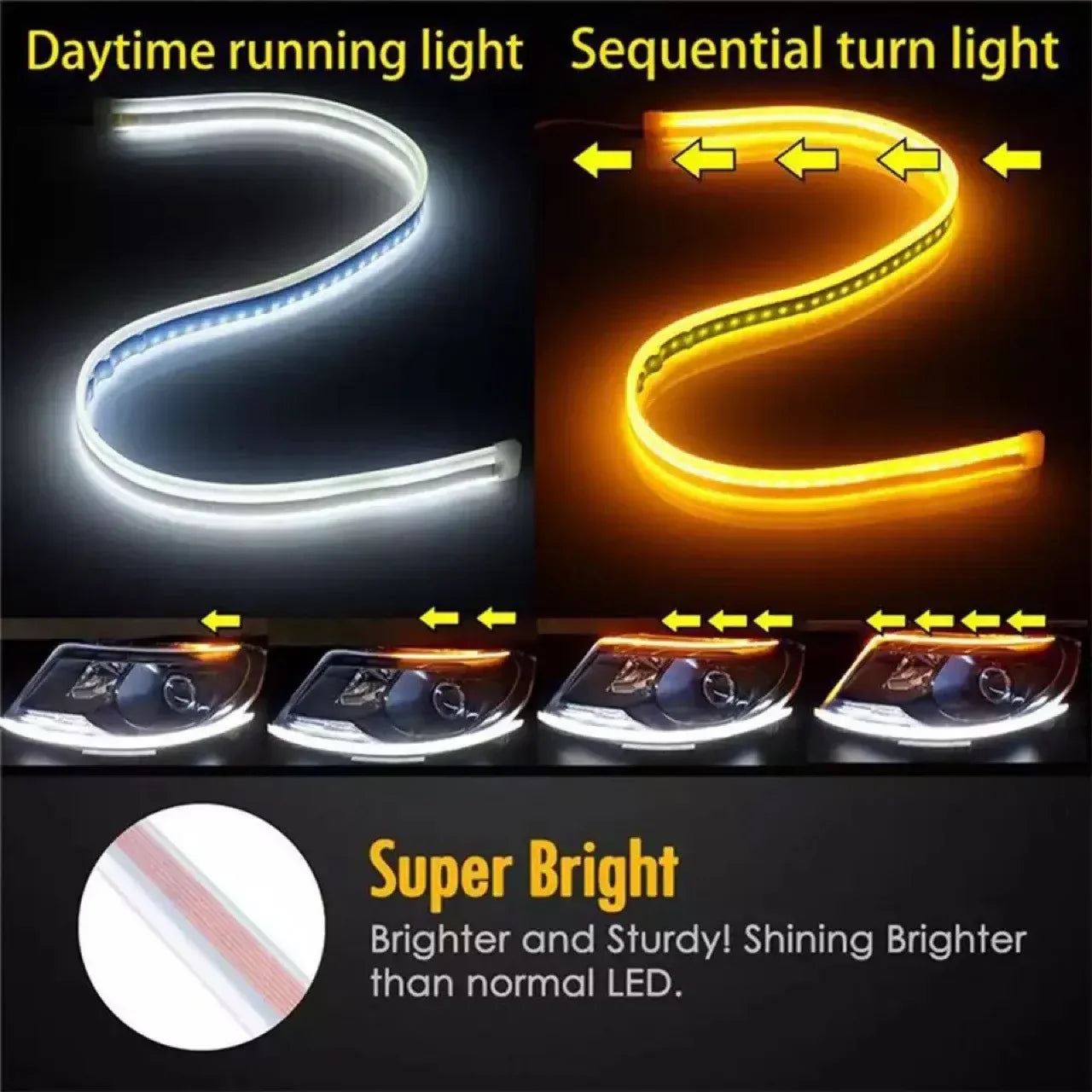 Car LED Daytime Running Light Strip | Flexible Waterproof DRL with Flowing Turn Signal