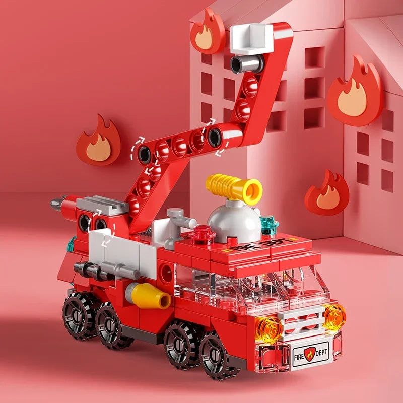 City Fire Car Building Blocks Set | 6-in-1 Police Truck, Engineering Crane, Tank & Helicopter Toys for Kids