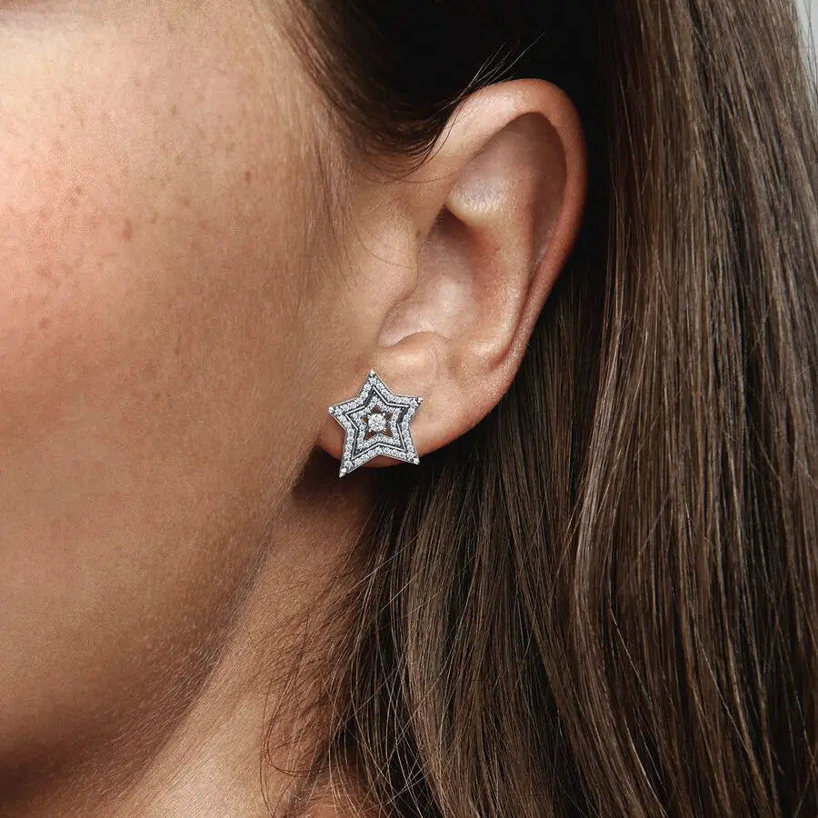 925 Silver Double Hoop Five-pointed Star Stud Earrings | Fine Jewelry Gift for Women
