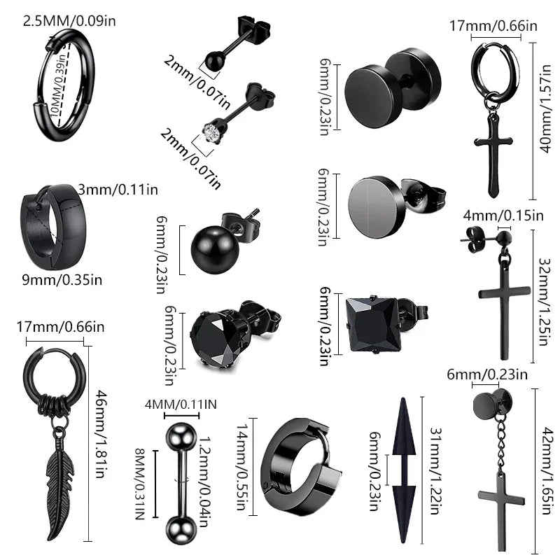 Black Stainless Steel Hoop Earrings with Cross Pendant | Unisex Punk Jewelry