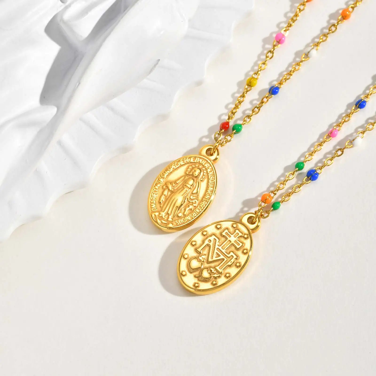 Bohemian Colored Virgin Oval Necklace | Gold Plated Stainless Steel Rosary Jewelry