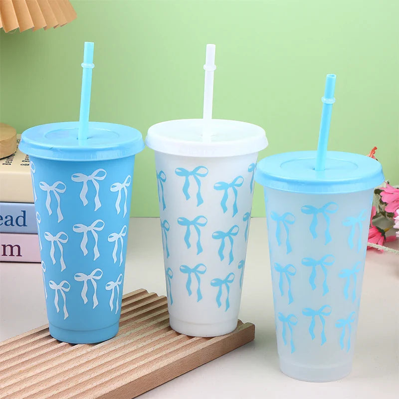 710ml Bow Reusable Party Cups with Straw Lid | Cute Plastic Tumbler for Juice, Coffee, and Tea