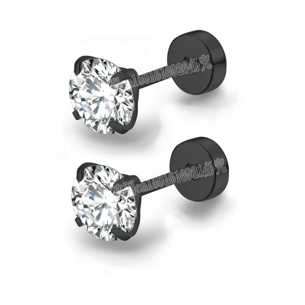 Stainless Steel Cubic Zirconia Stud Earrings | Screw-Back CZ Earrings for Women and Men