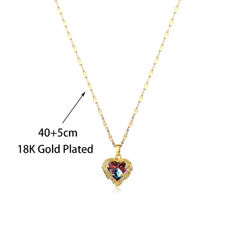 Stainless Steel Crystal Heart Pendant Necklace | Ocean Blue Water-Wave Chain for Women