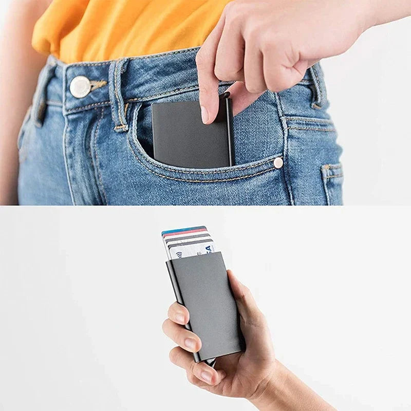 Minimalist RFID Blocking Wallet | Metal Pop Up Card Holder for Men and Women