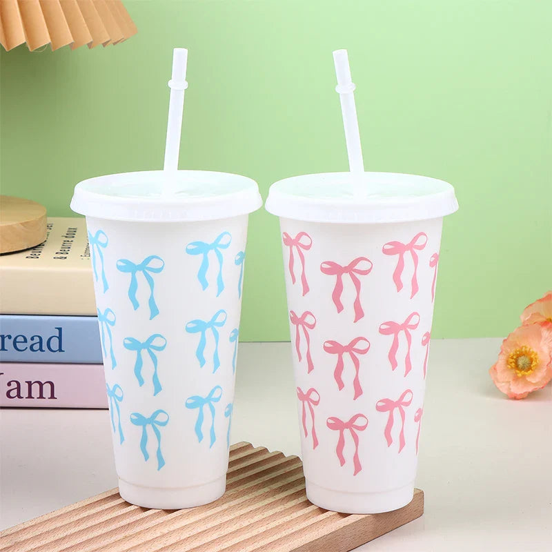 710ml Bow Reusable Party Cups with Straw Lid | Cute Plastic Tumbler for Juice, Coffee, and Tea