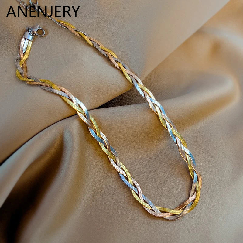 Tricolor Hand Braided Stainless Steel Necklace | Cuban Chain Jewelry for Women