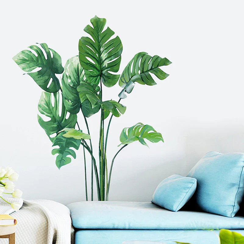 Large Tropical Green Plant Leaves Wall Stickers | Home Room Decor Palm Decal