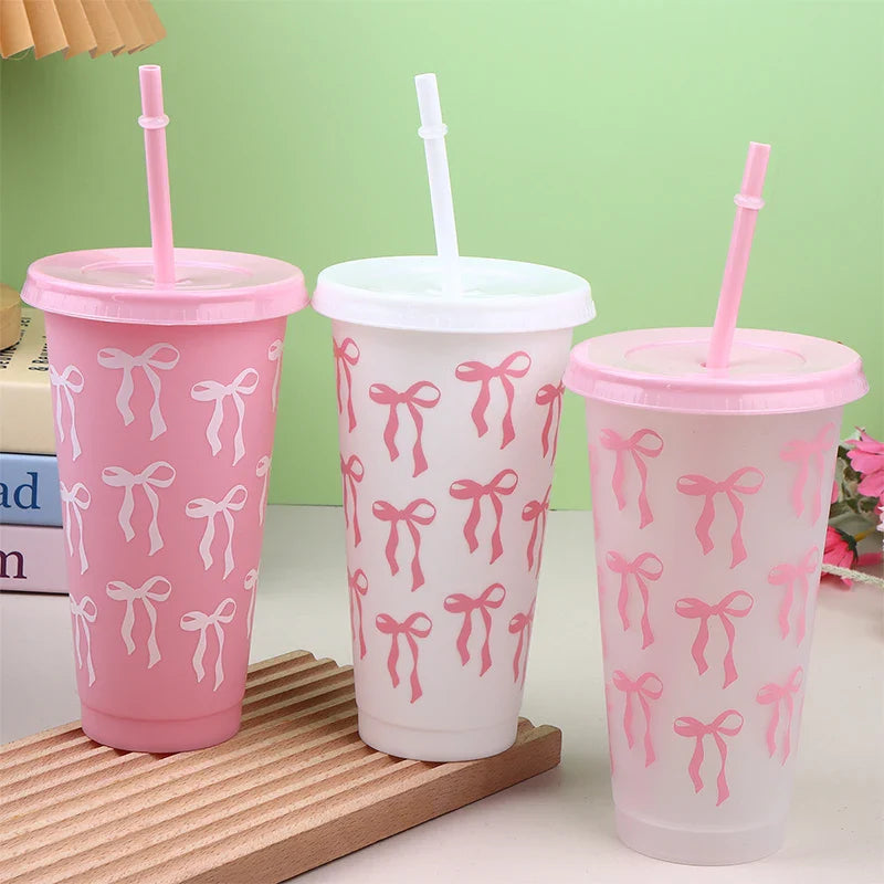 710ml Bow Reusable Party Cups with Straw Lid | Cute Plastic Tumbler for Juice, Coffee, and Tea