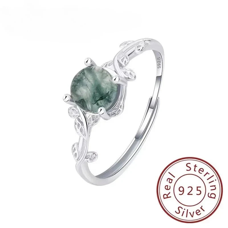 S925 Sterling Silver Green Moss Agate Ring | Classic Women's Wedding Band