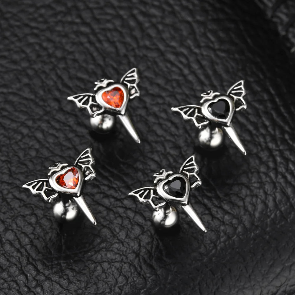 Stainless Steel Heart Zircon Stud Earrings | Vintage Punk Unisex Jewelry