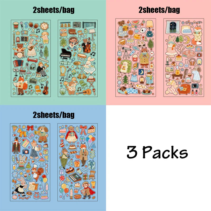 3Packs PET Cartoon Die-Cut Stickers | Fun Decorative Journal Sticker Set