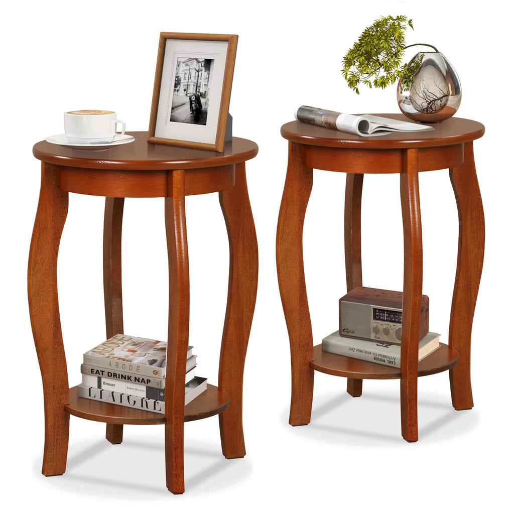 Set of 2 15 Inch 2-Tier Round End Table with Storage Shelf