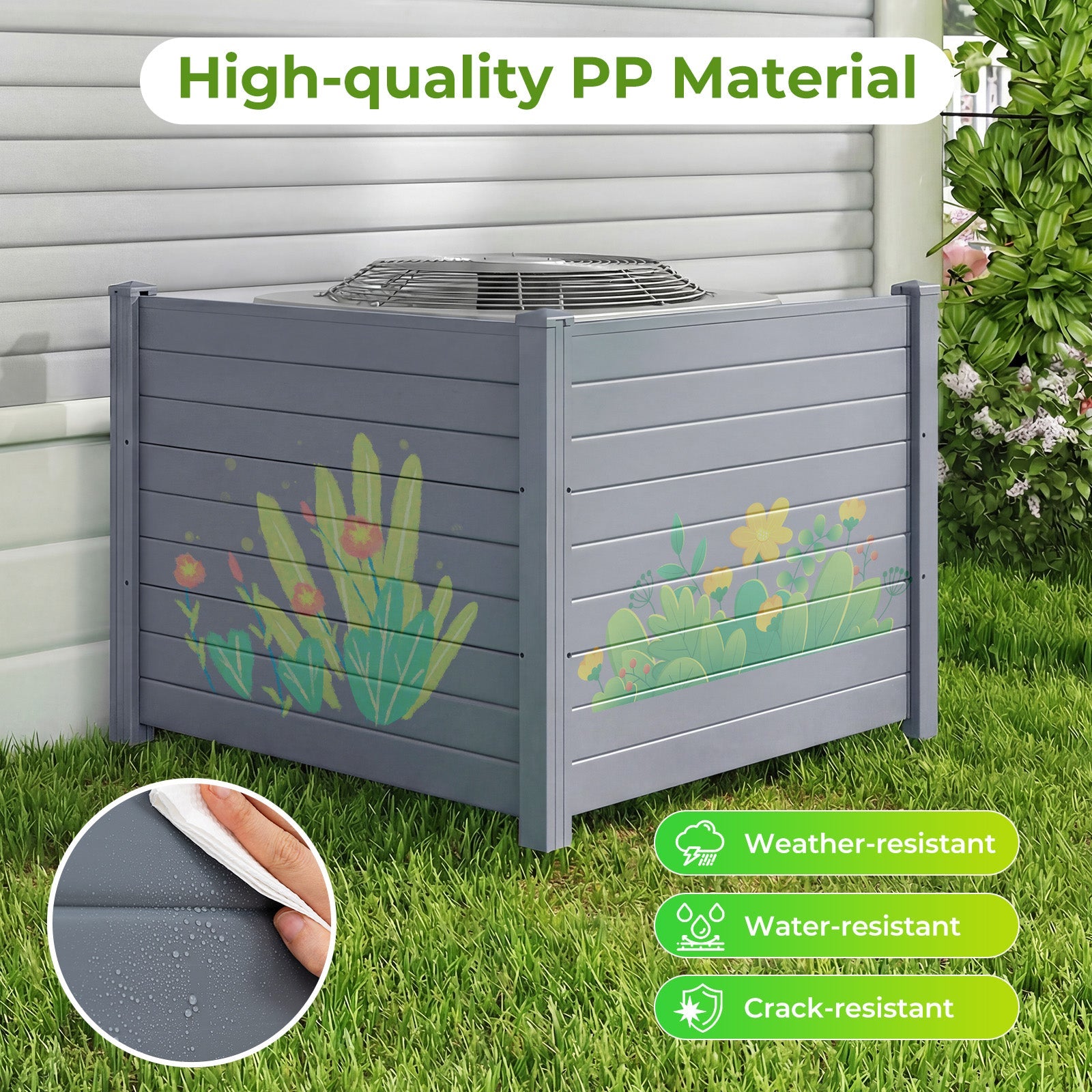 Set of 2 48 x 38 Inch Air Conditioner Fence 2 Panels with Metal Ground Stakes-Gray