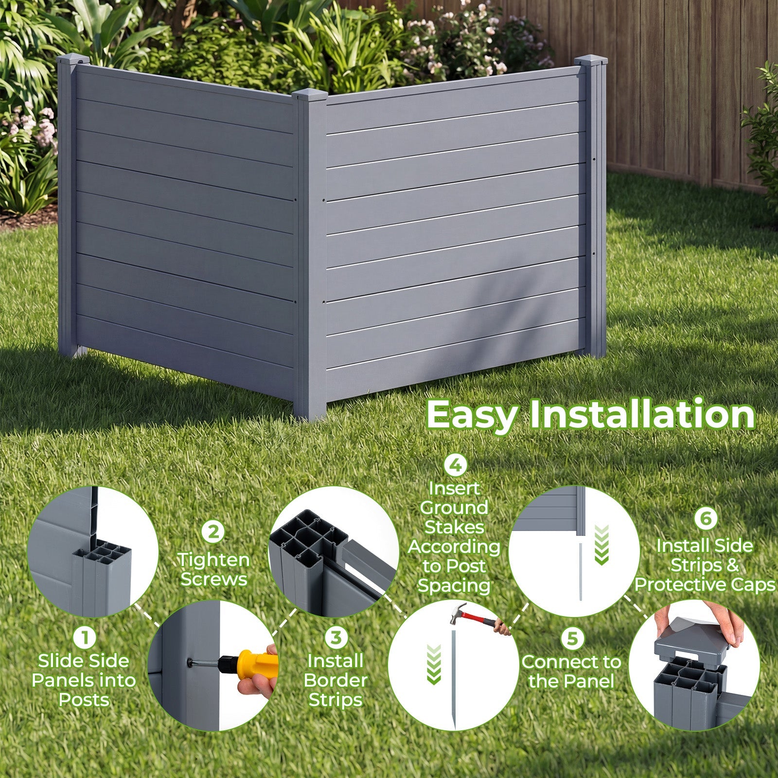 Set of 2 48 x 38 Inch Air Conditioner Fence 2 Panels with Metal Ground Stakes-Gray