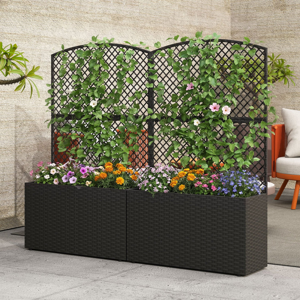 Set of 2 49 Inch Raised Garden Bed with Trellis and Wicker Planter Box