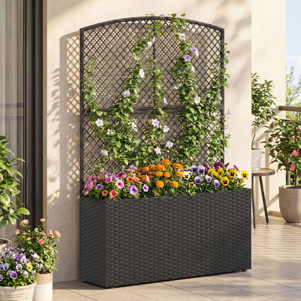 Set of 2 58 Inch Raised Garden Bed with Trellis and Wicker Planter Box