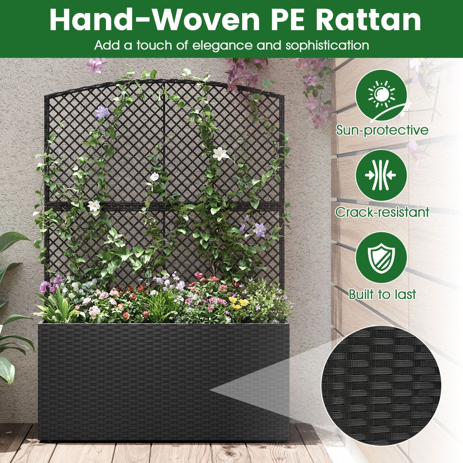 Set of 2 58 Inch Raised Garden Bed with Trellis and Wicker Planter Box