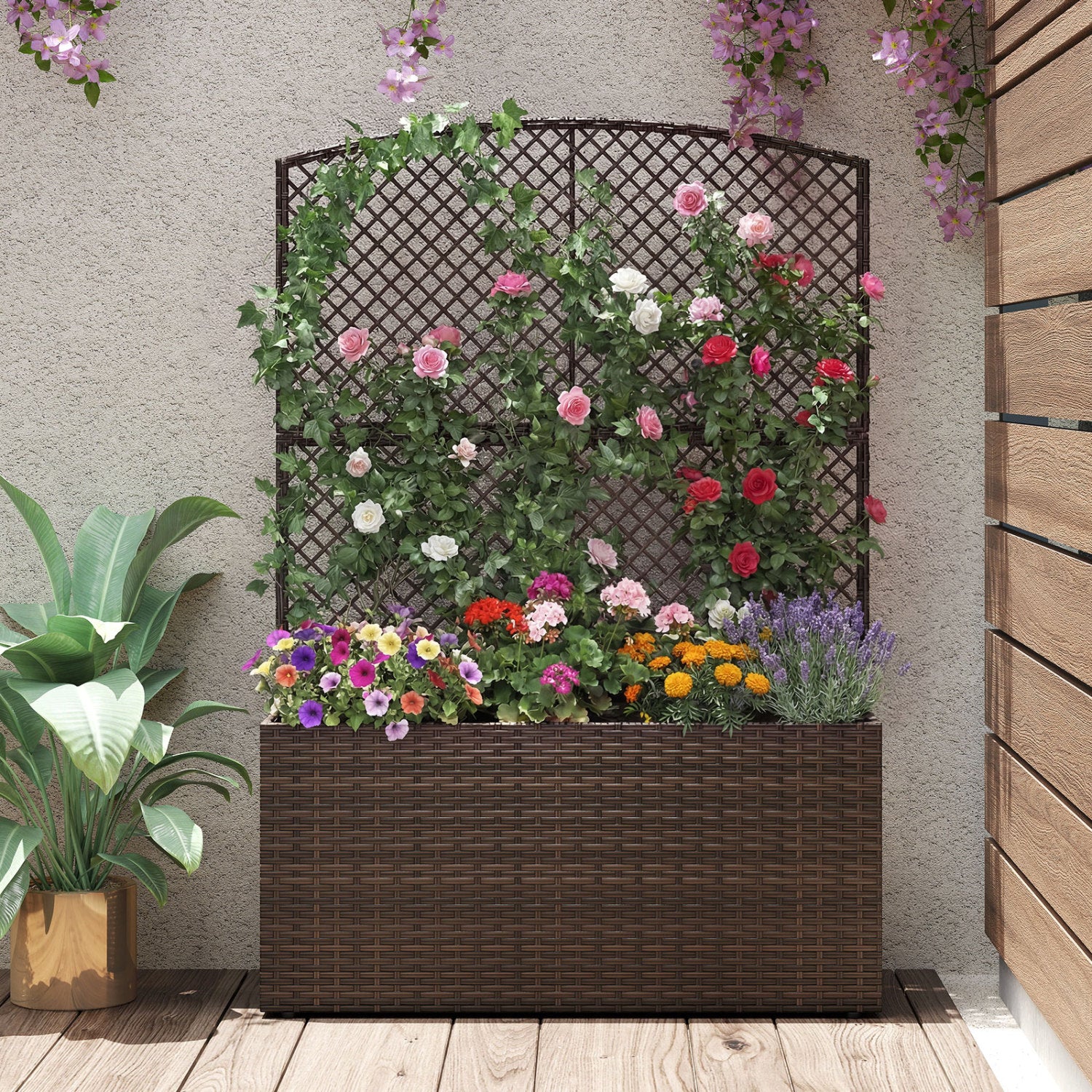 Set of 2 58 Inch Raised Garden Bed with Trellis and Wicker Planter Box
