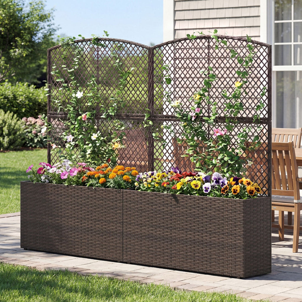 Set of 2 58 Inch Raised Garden Bed with Trellis and Wicker Planter Box