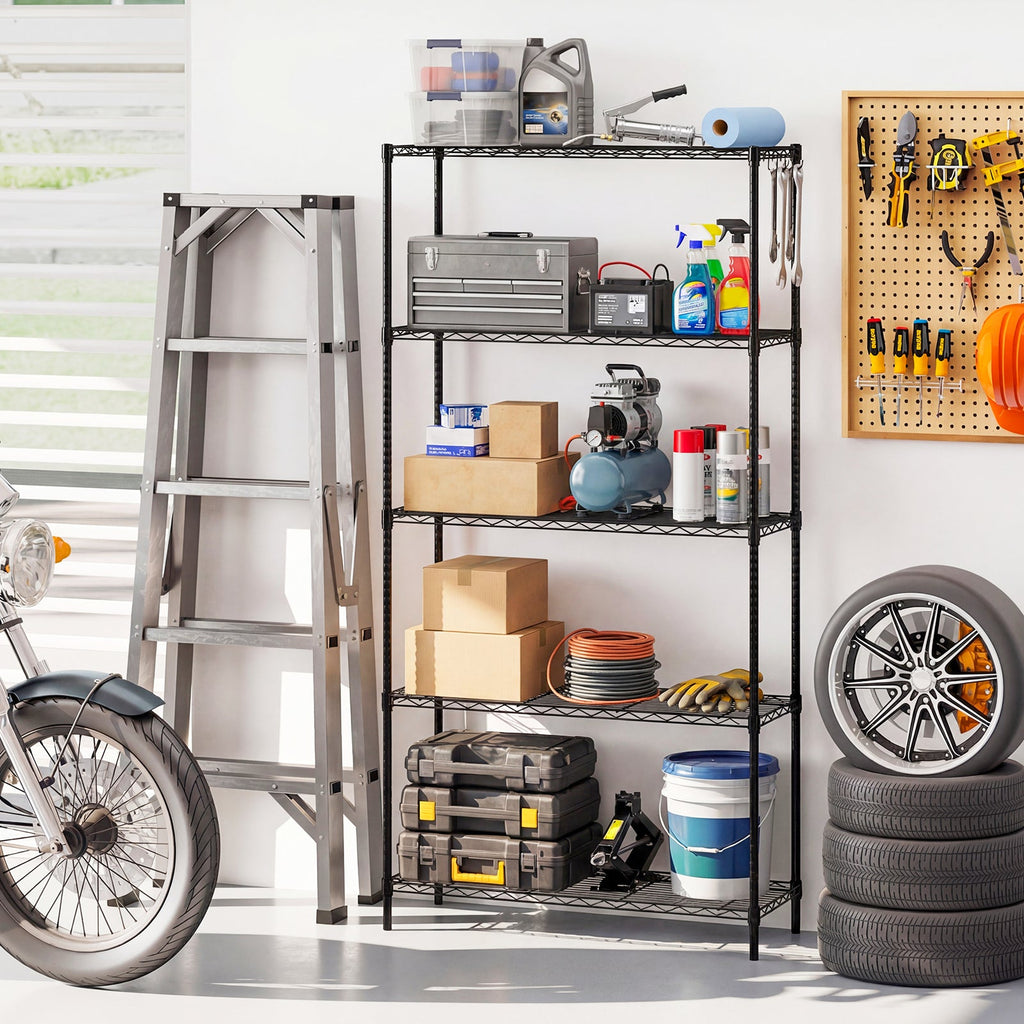Set of 2 5-Tier Metal Storage Shelving Unit with V-Shaped Wire Rack and 1250 LBS Capacity-Black