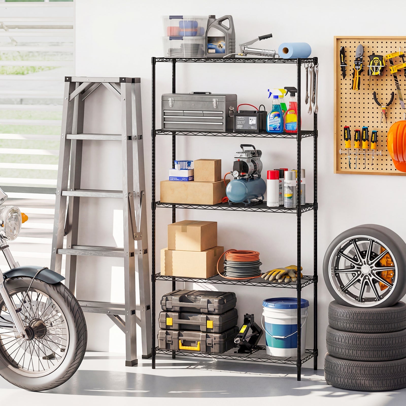 Set of 2 5-Tier Metal Storage Shelving Unit with V-Shaped Wire Rack and 1250 LBS Capacity-Black