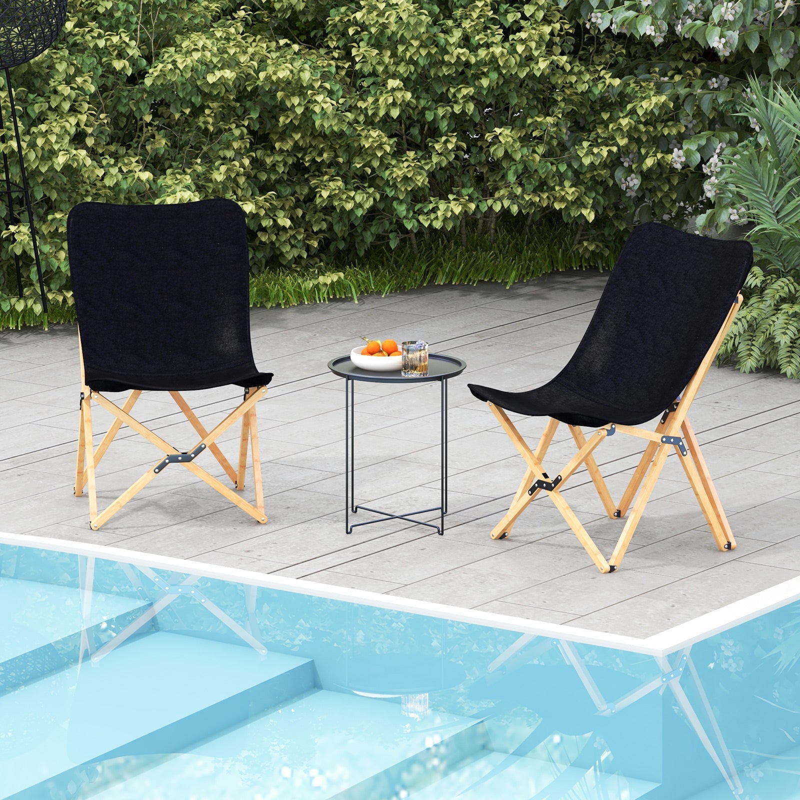 Set of 2 Bamboo Dorm Chair with Storage Pocket for Camping and Fishing