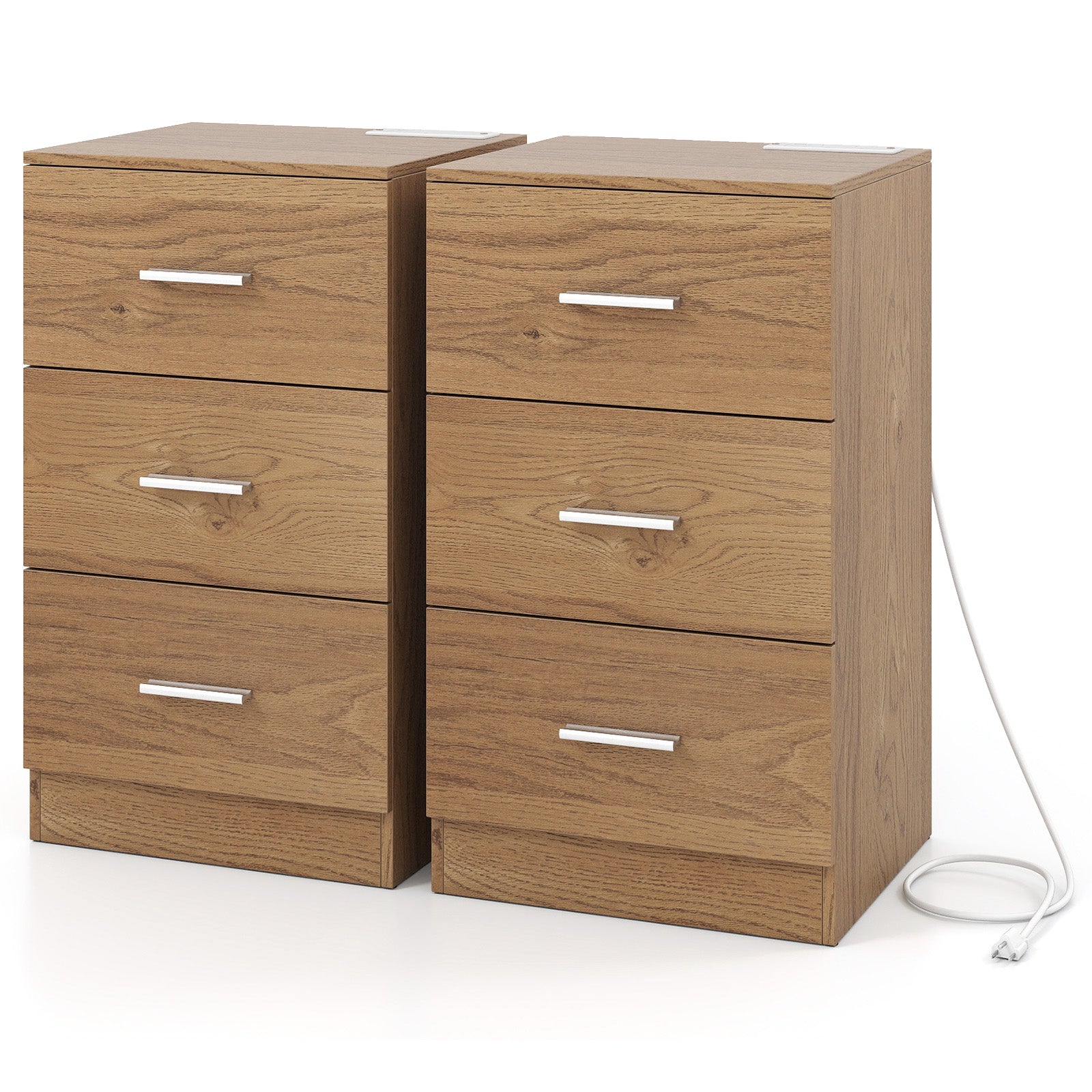 Set of 2 Nightstand with Charging Station End Table with 3 Storage Drawers Bedside Table for Bedroom