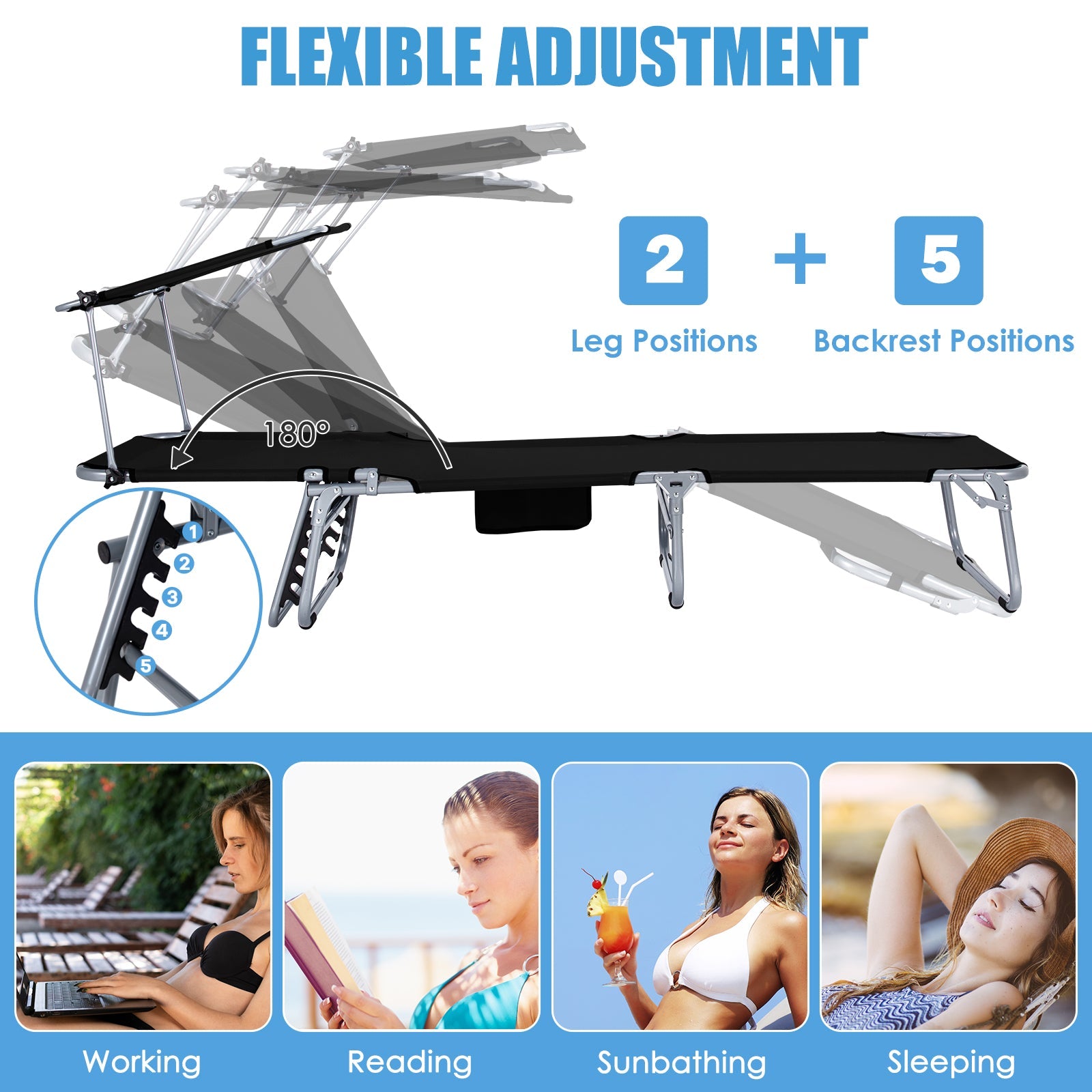 Set of 2 Portable Reclining Chair with 5 Adjustable Positions