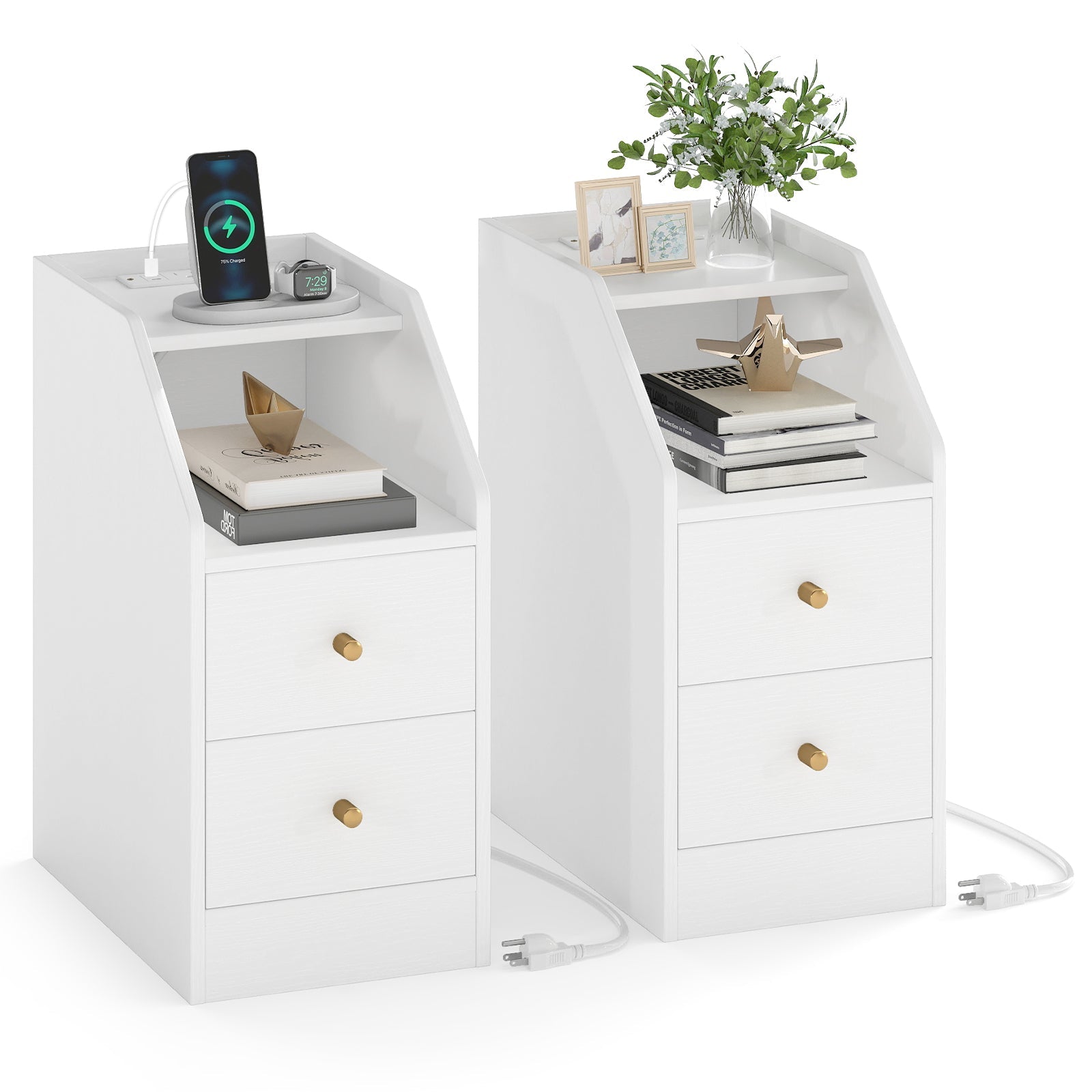 Set of 2 Side End Tables with Charging Station Sofa Couch Tables with Shelf Drawers
