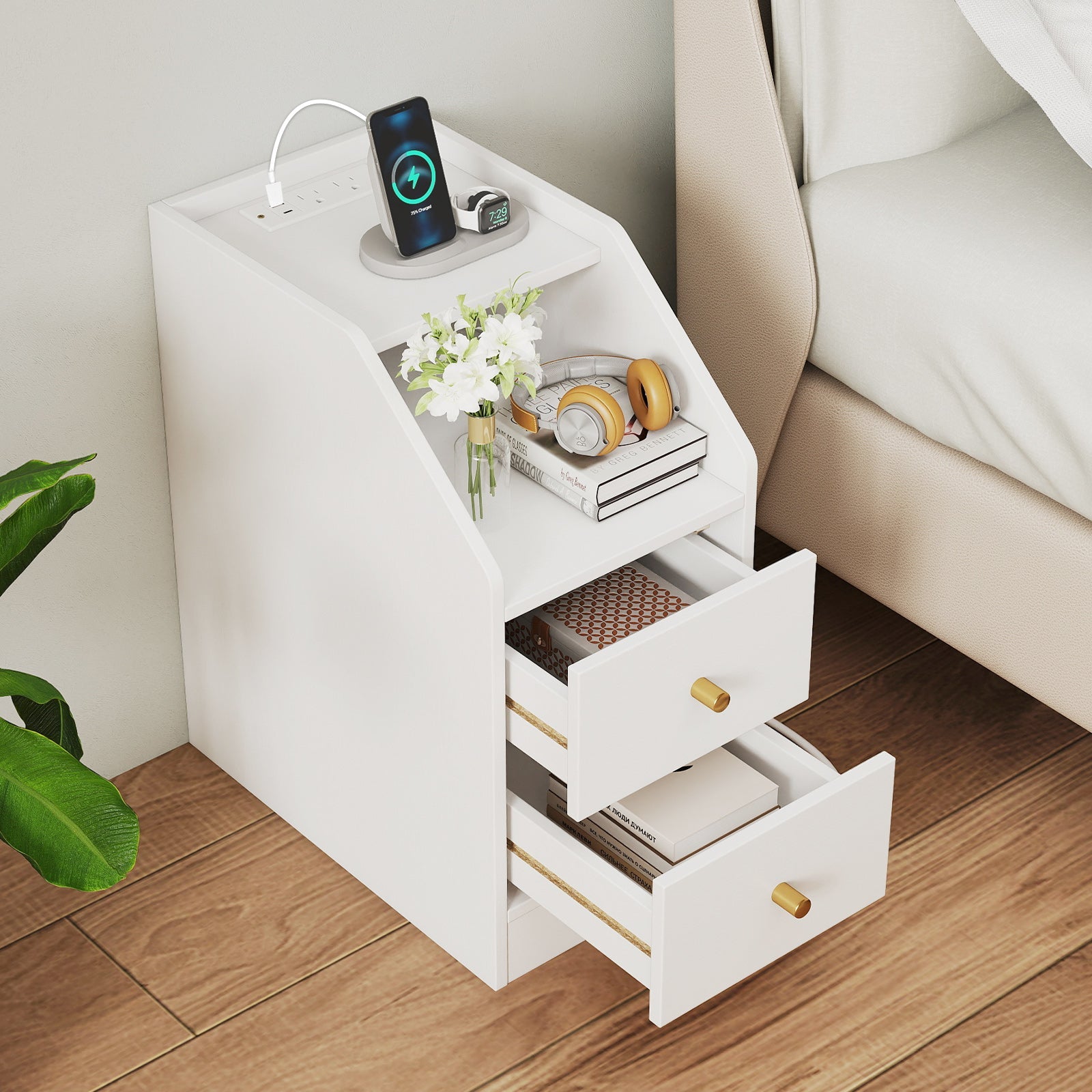 Set of 2 Side End Tables with Charging Station Sofa Couch Tables with Shelf Drawers