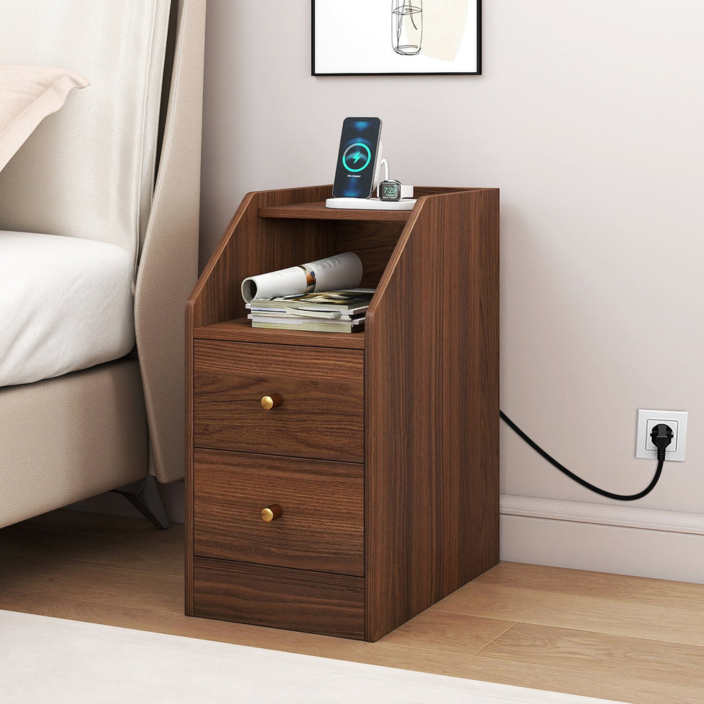 Set of 2 Side End Tables with Charging Station Sofa Couch Tables with Shelf Drawers