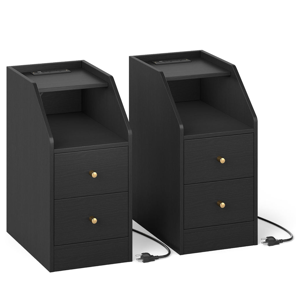 Set of 2 Side End Tables with Charging Station Sofa Couch Tables with Shelf Drawers