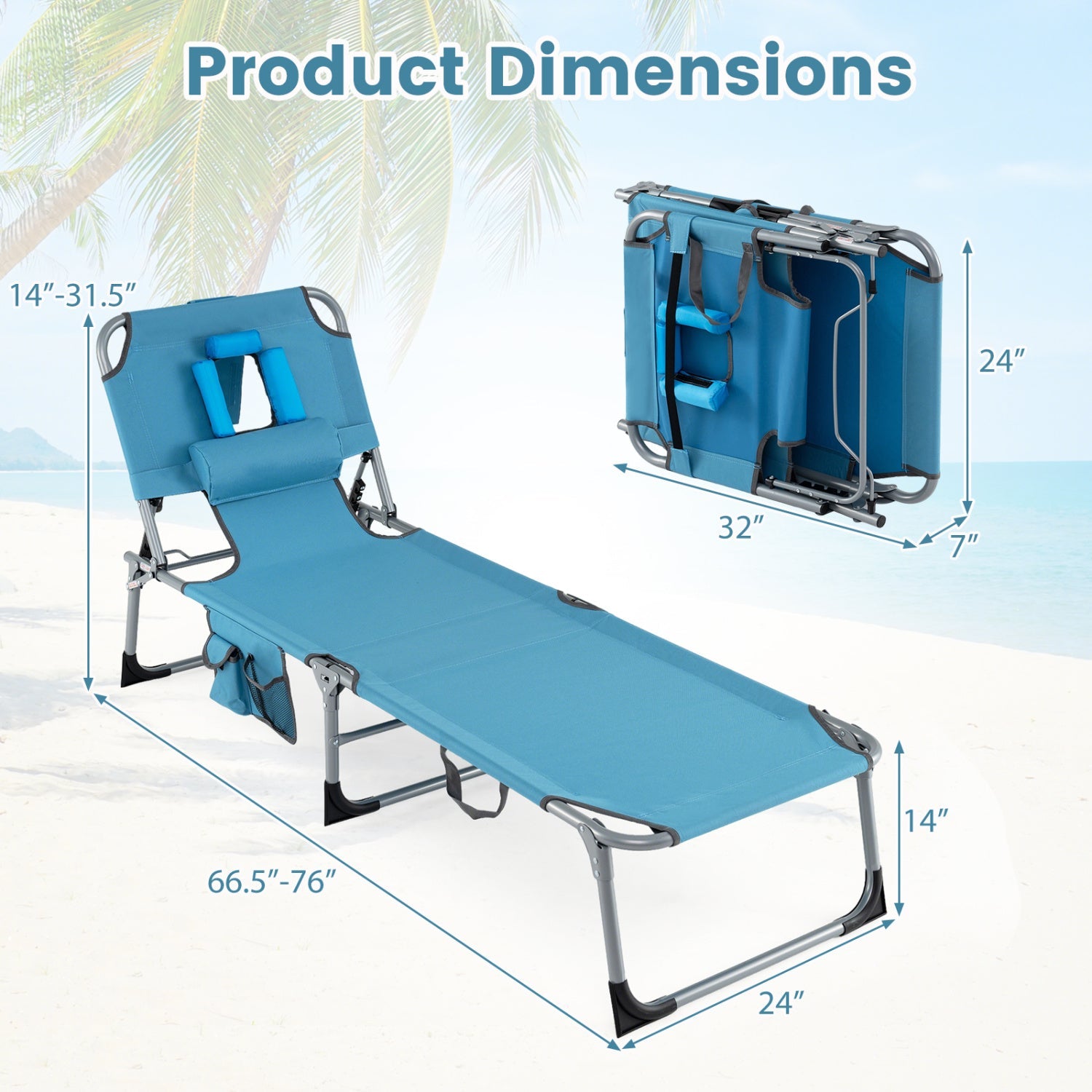 Set of 2 Tanning Chair Portable Chaise Lounge Chair with 4-Position Adjustable Backrest