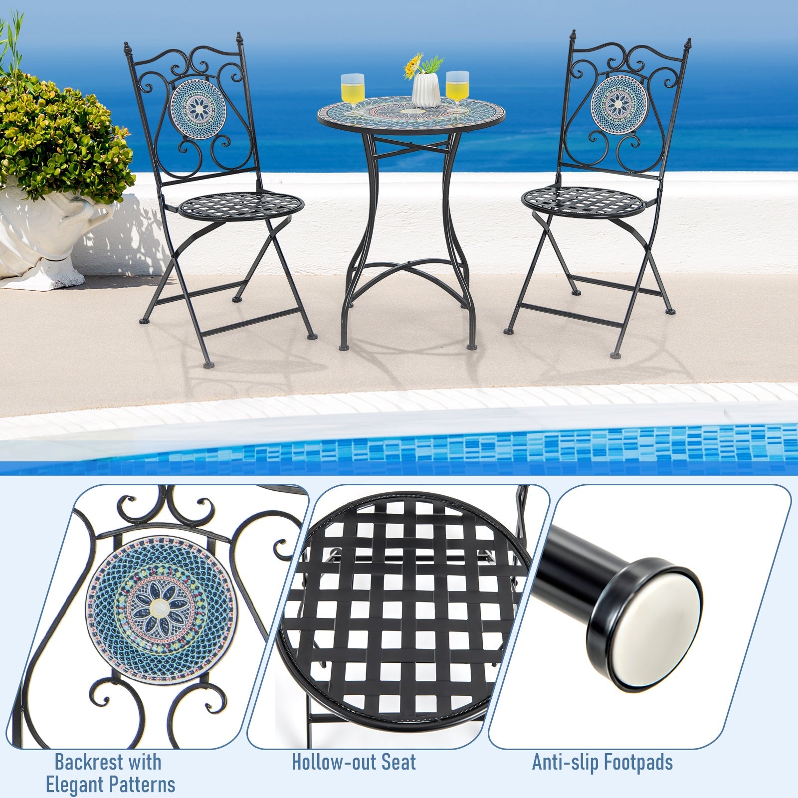 Set of 2 Mosaic Chairs for Patio Metal Folding Chairs