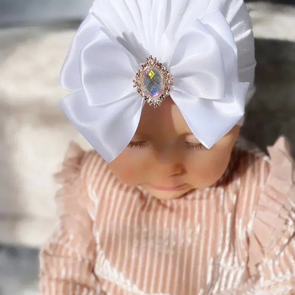 Baby Girl Bowknot Turban Hat with Rhinestone | Soft Knit Headwear for Infants