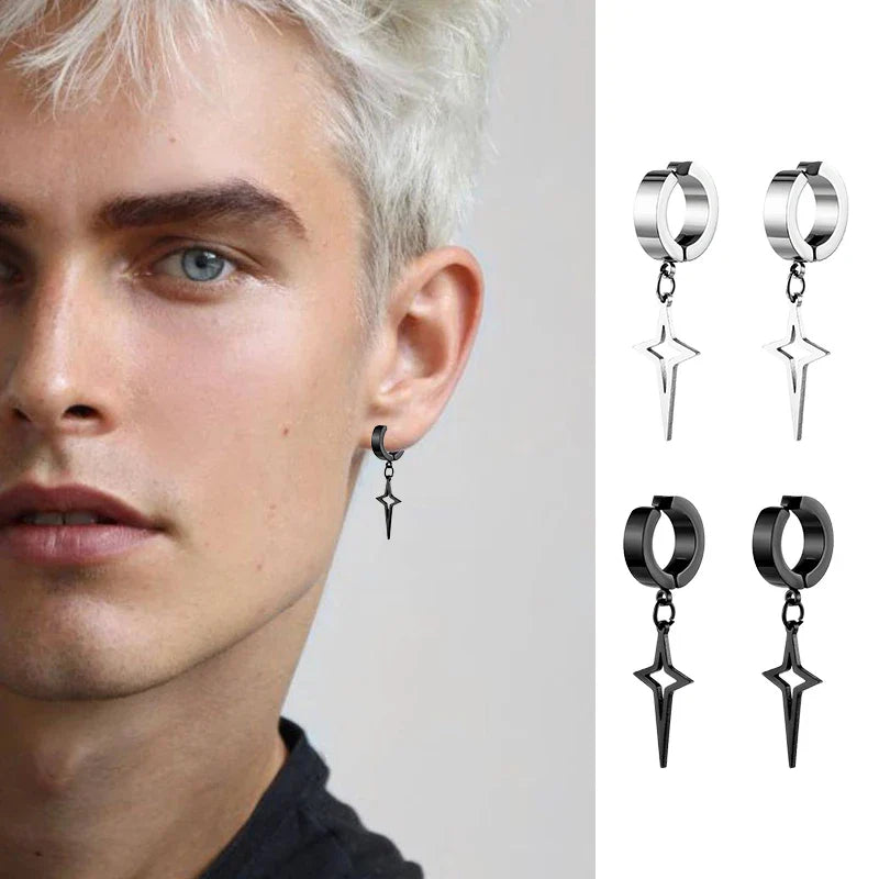 1Pair Punk Star Pendant Hoop Earrings | Clip-On Ear Cuff for Unisex