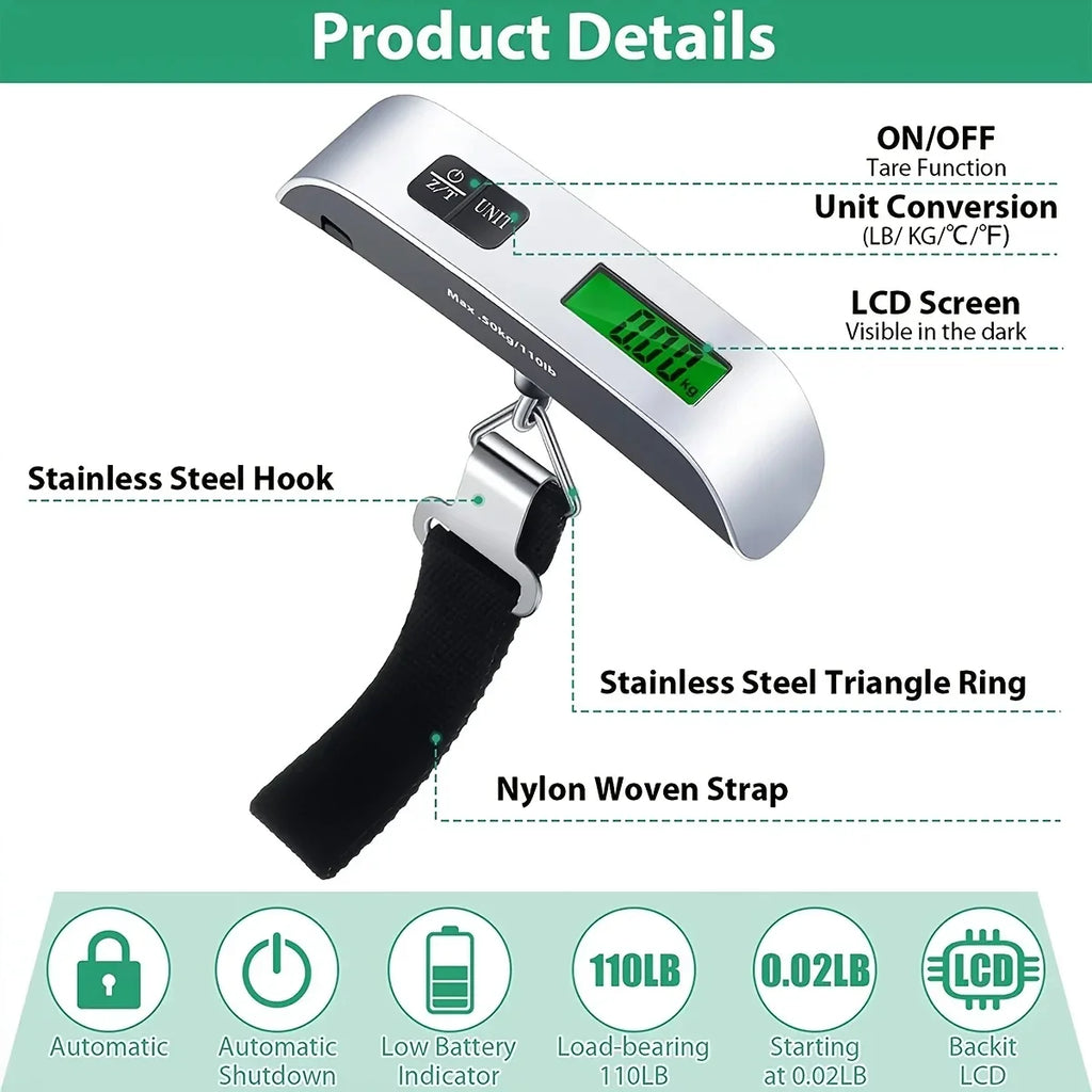 Portable Hanging Luggage Scale | Digital Travel Scale 110lb/50kg