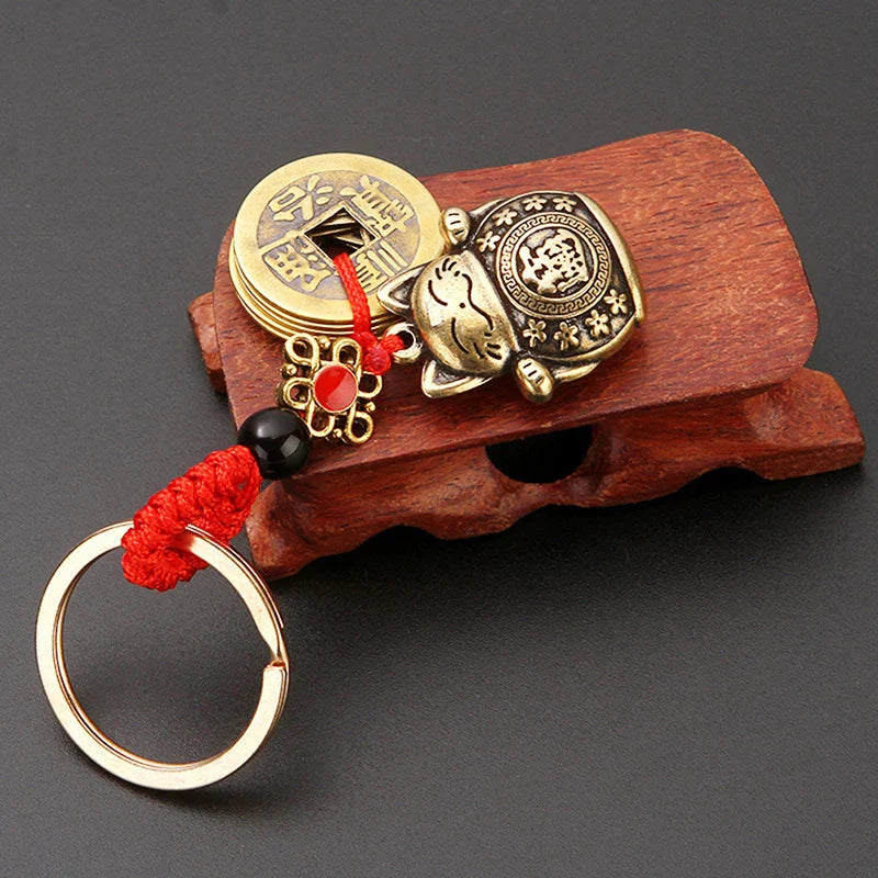 Handmade Brass Feng Shui Coins Keychain | Lucky Cat Car Keychain with Five Emperors Money