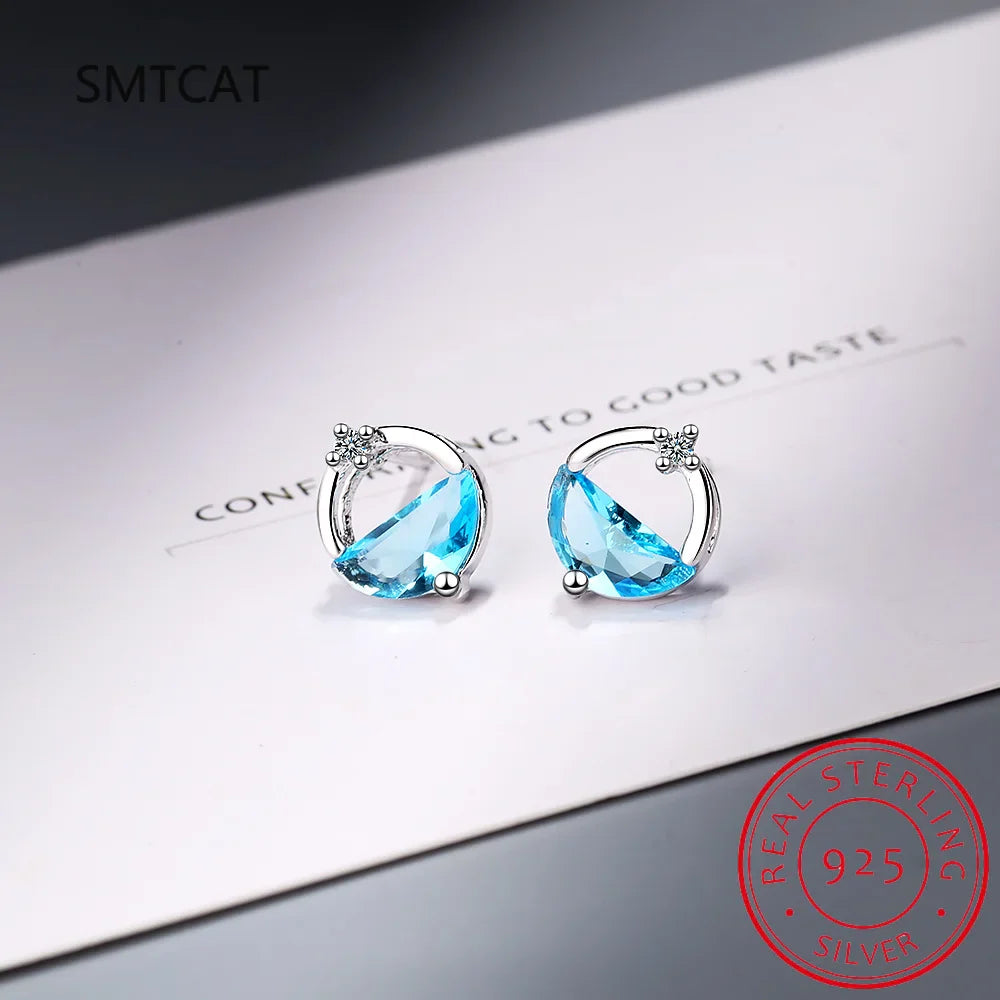 Half Round Natural Sky London Blue Topaz 925 Sterling Silver Spring Water Stud Earrings | Women's Fine Gemstone Jewelry