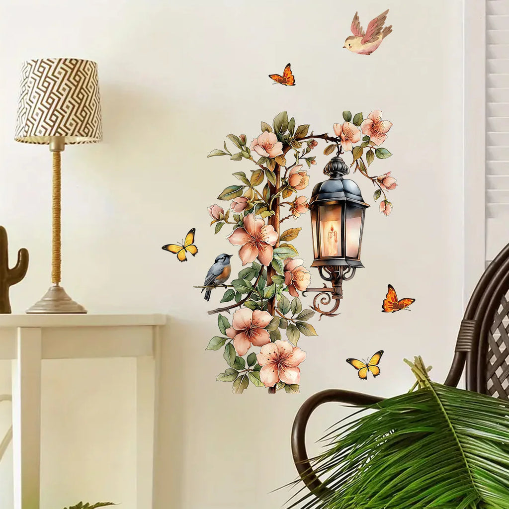 Colorful Flower Pendant Lamp Bird Wall Sticker | Self-Adhesive Home Decal