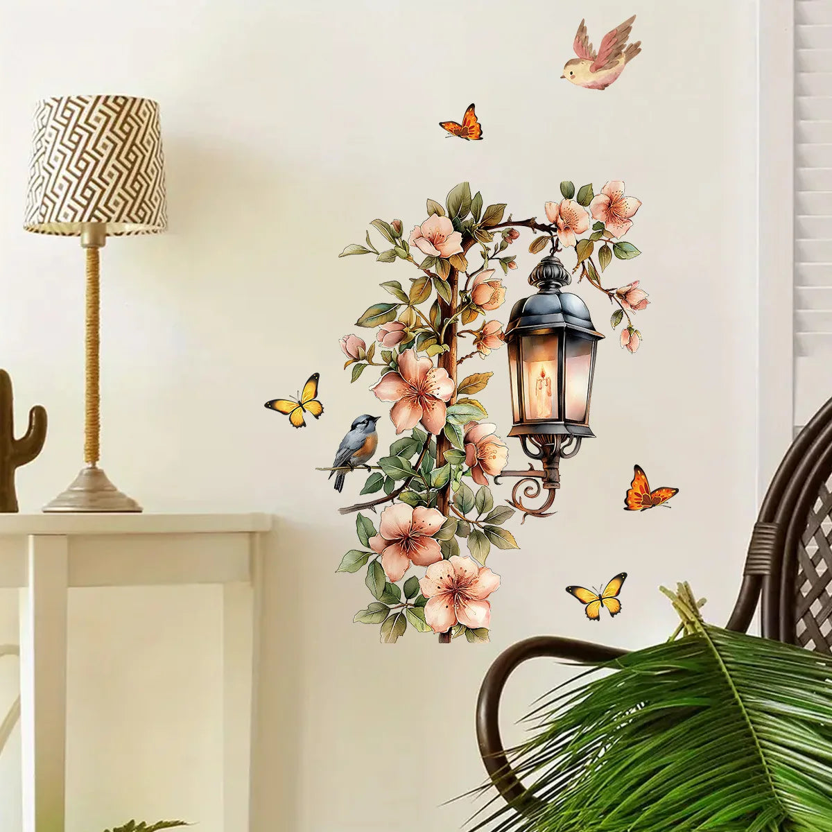 Colorful Flower Pendant Lamp Bird Wall Sticker | Self-Adhesive Home Decal