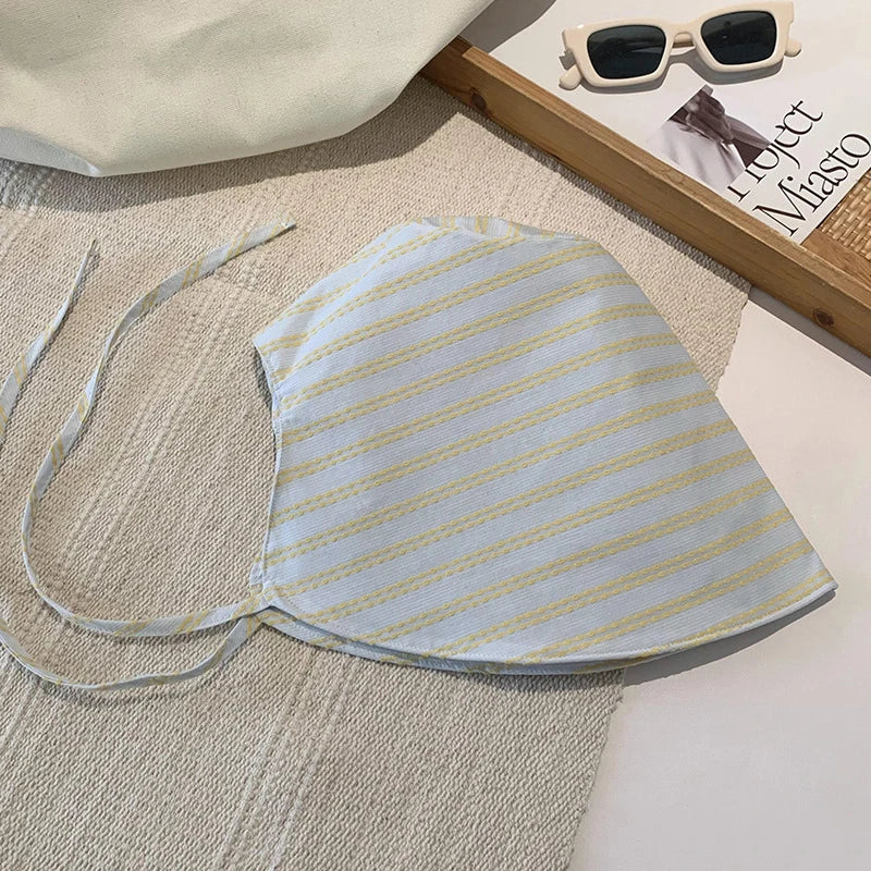 Women's Large Brim Foldable Bucket Hat with Chin Strap | Korean Style Striped Panama Sun Hat