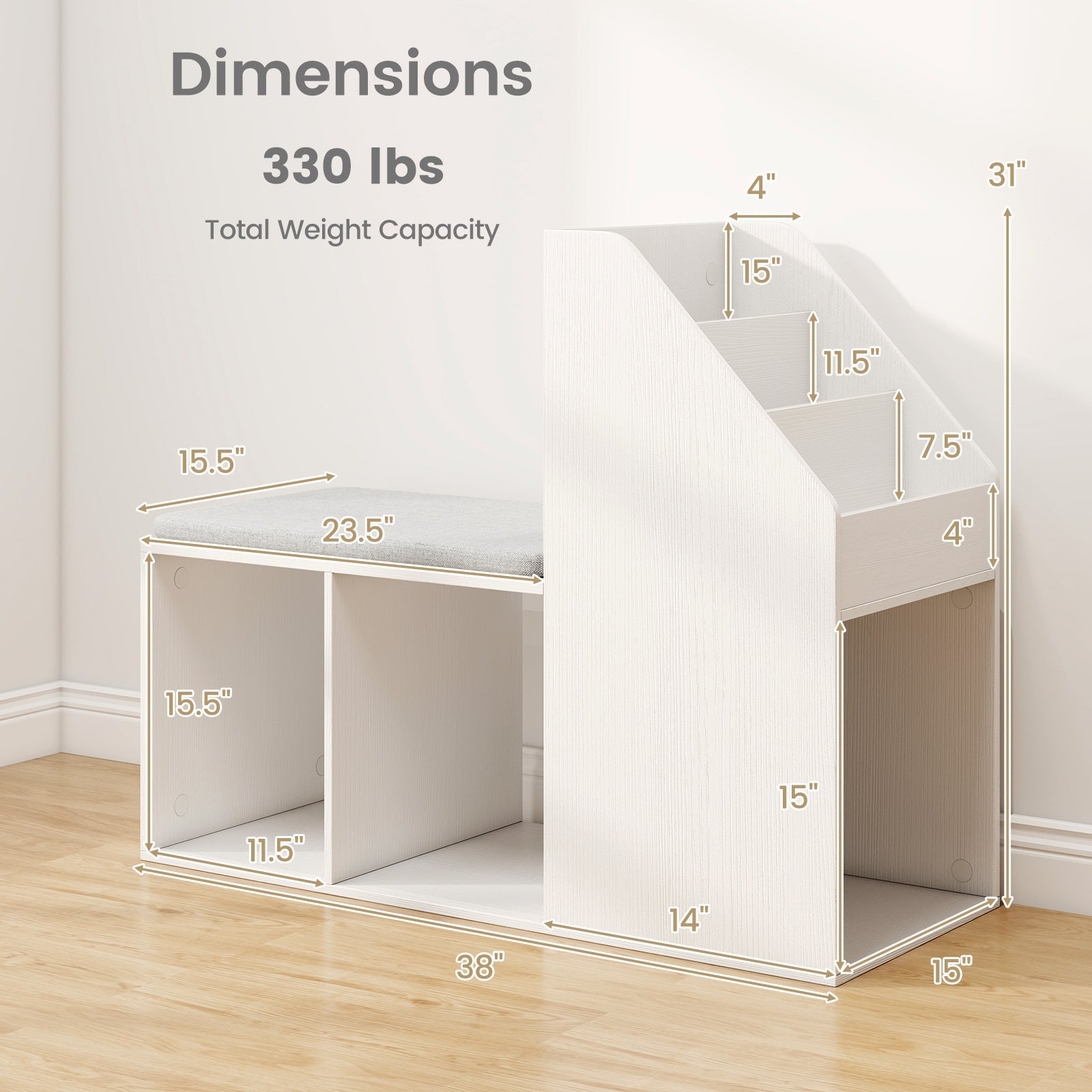 Shoe Storage Bench with Removable Seat Cushion and 6 Storage Compartments-White