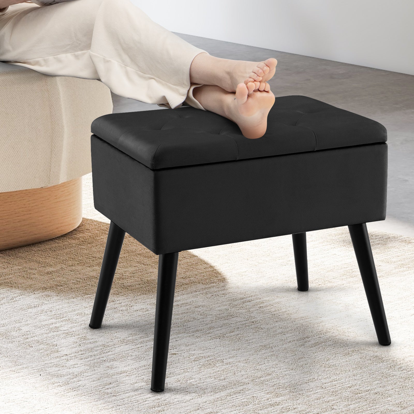 Velvet Storage Ottoman with Solid Wood Legs for Living Room Bedroom