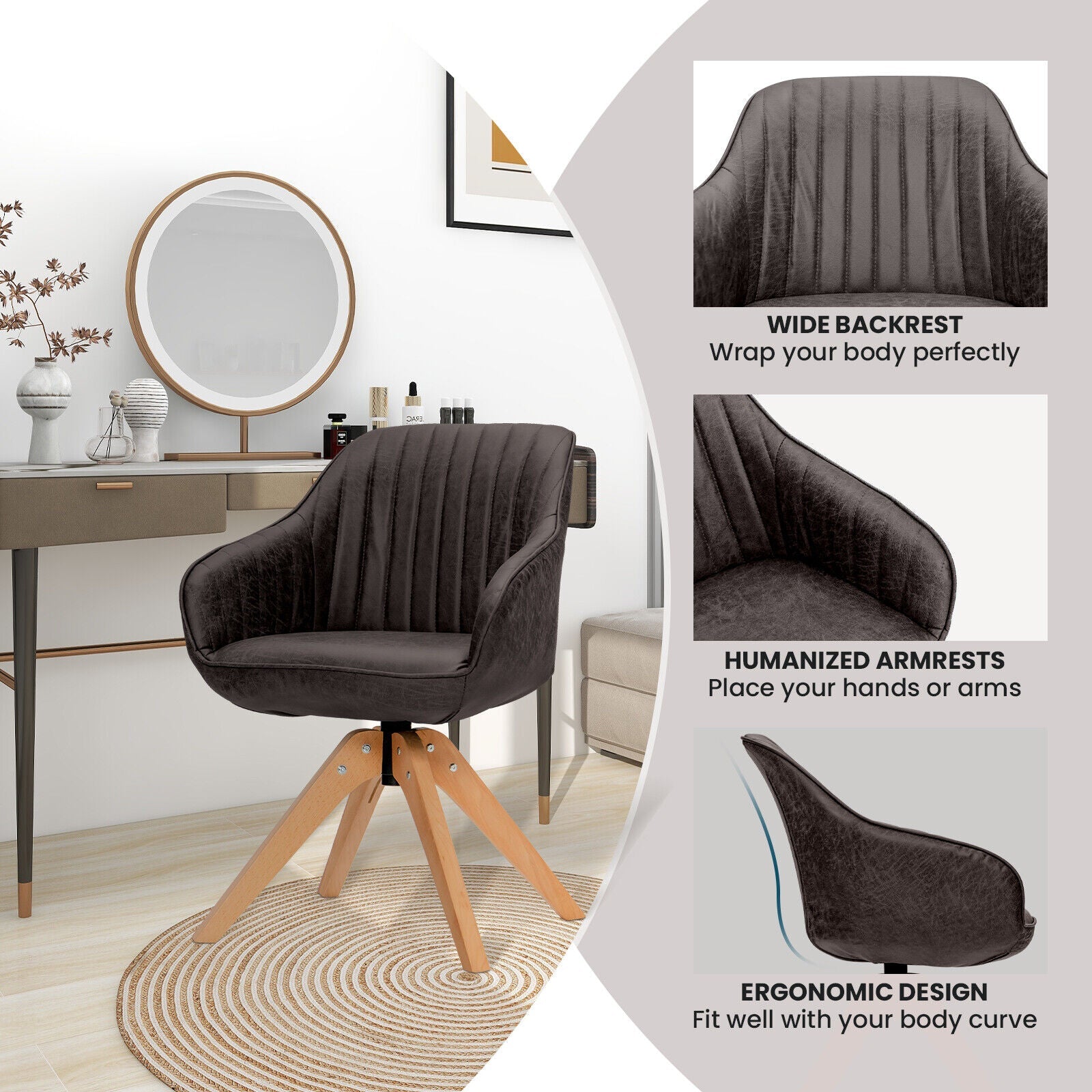 Modern Leathaire Set of 2 Swivel Accent Chair with Beech Wood Legs