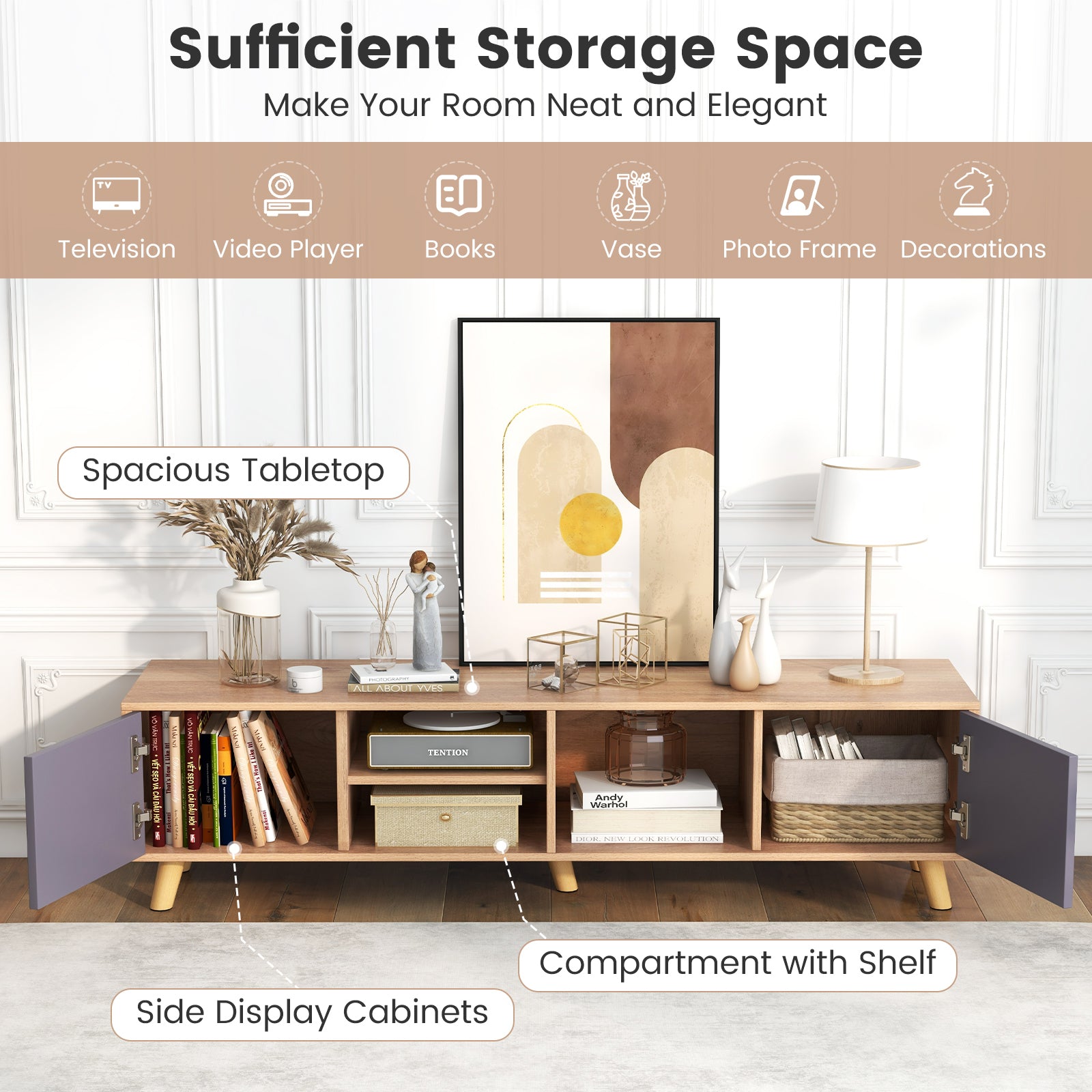 TV Stand Cabinet for TVs up to 65 Inch with Open Shelf for Living Room