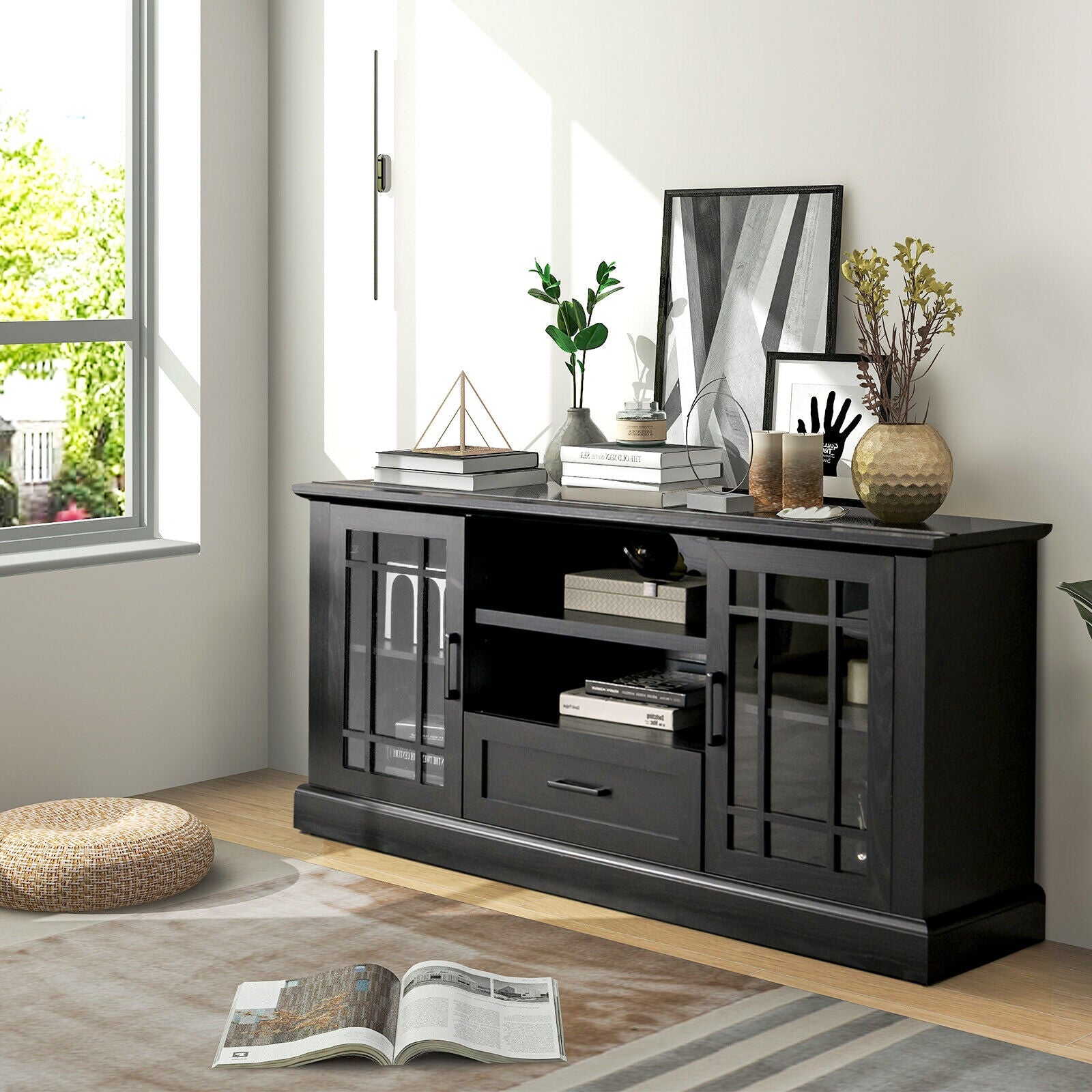 TV Stand for TVs up to 70 with Glass Doors Cubbies and Drawer