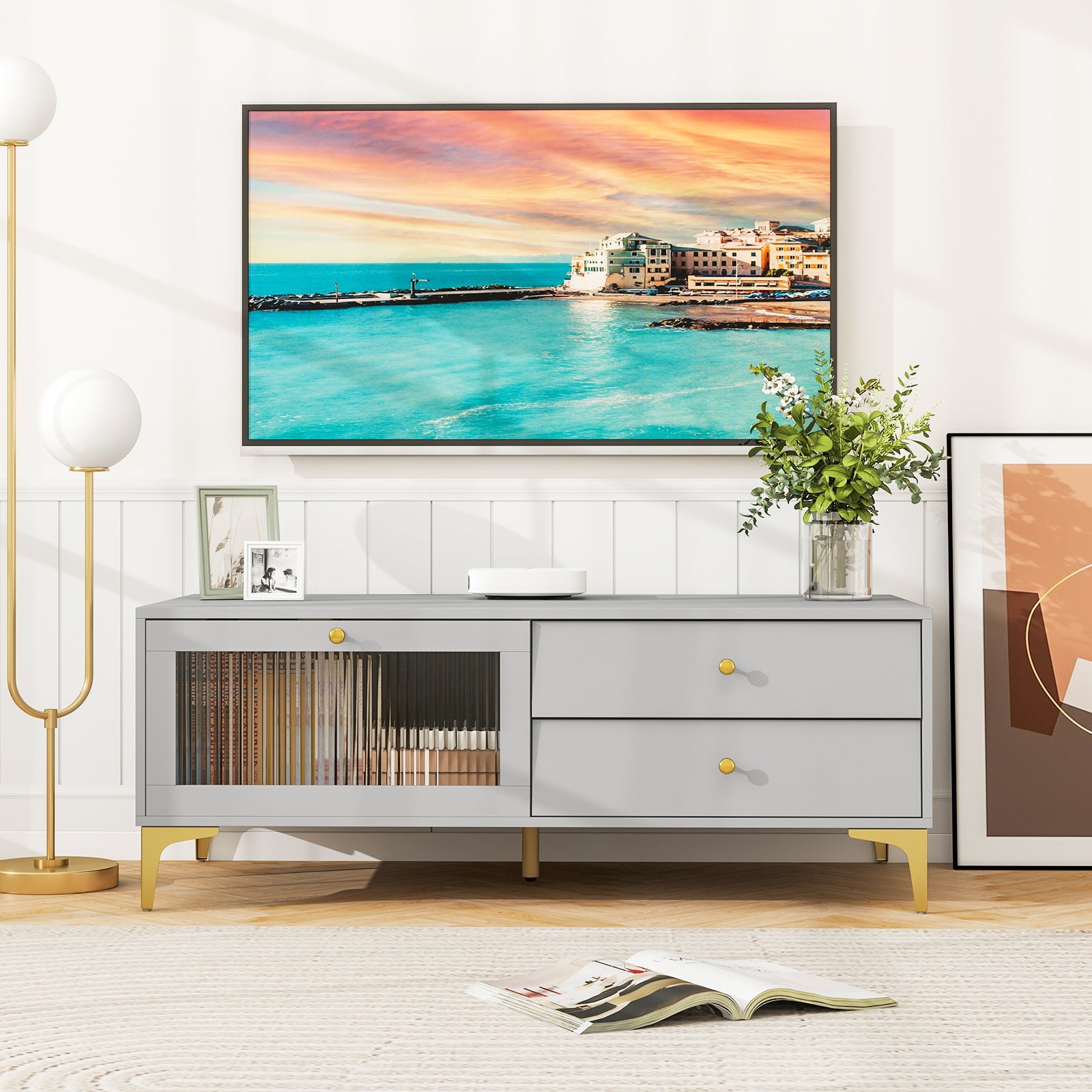 TV Stand with Compartment and Drawers for 55 Inch TV-Gray