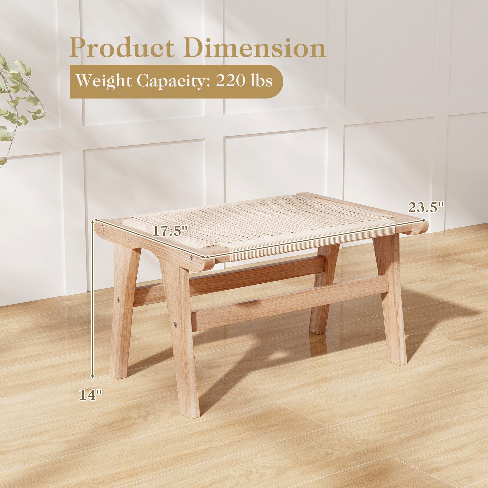 Teak Wood Ottoman Footstool with Braided Rope for Living Room